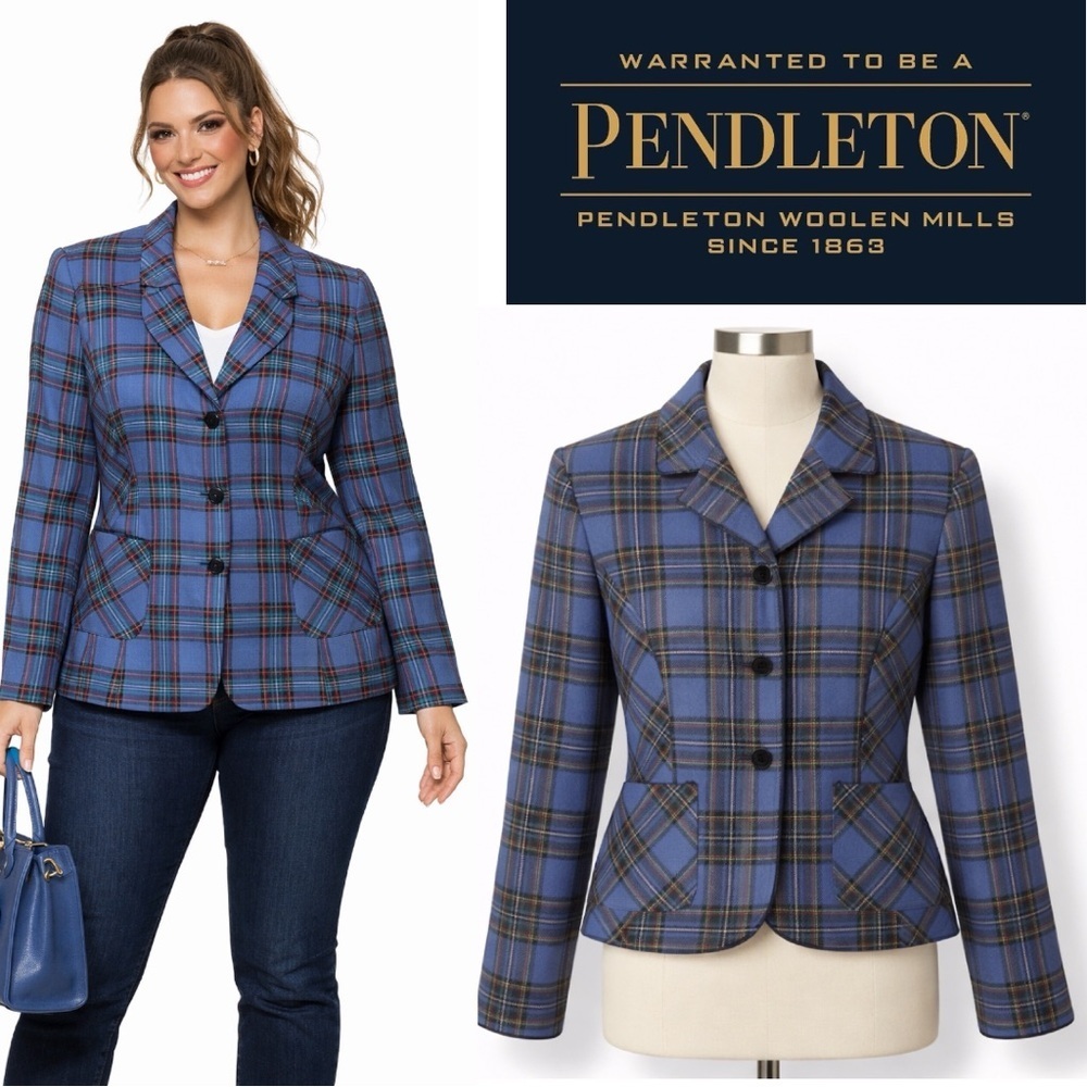Pendleton Blue Plaid Tailored Blazer with Subtle Brown Accents
